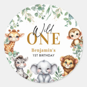 Sticker Rond Safari Wild One Jungle Animaux 1er Anniversaire