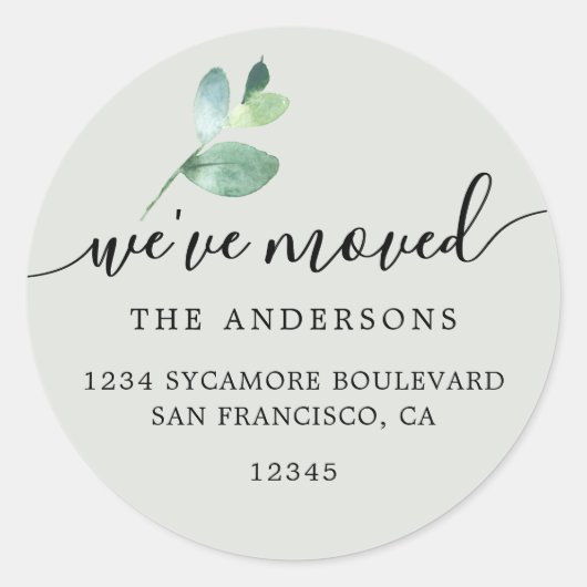 Sticker Rond Sage Eucalyptus We’ve Moved Round Address Label (Devant)