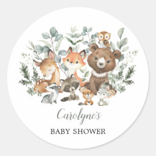Sticker Rond Sage Green Bois Animaux Baby shower verdoyant