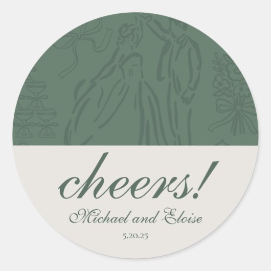 Sticker Rond Sage Green Cheers Élégant Mariage personnalisé (Devant)