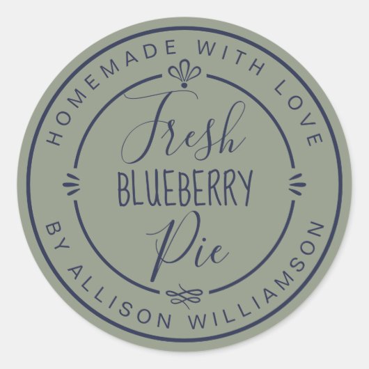 Sticker Rond Sage Green Classic Homemade Blueberry Pie Label (Devant)