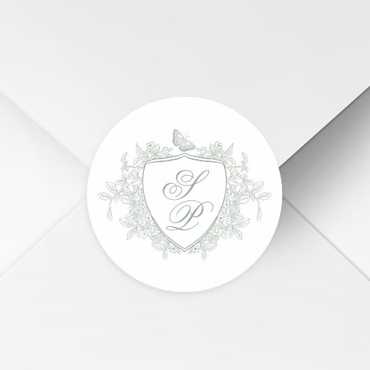 Sticker Rond Sage green crest monogram wedding