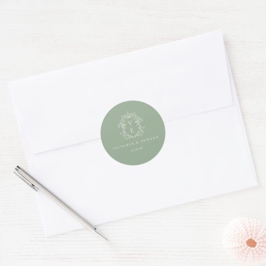 Sticker Rond Sage Green Crest Monogramme Mariage Enveloppe Scea (Enveloppe)