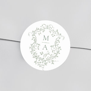 Sticker Rond Sage Green Élégant Cimier Floral Monogrammes