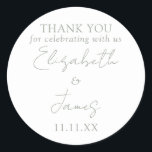 Sticker Rond Sage Green Elégant Écriture Mariage Remerciements<br><div class="desc">Cet autocollant de remerciement de mariage à l'écriture élégante et verte sauge minimaliste peut être personnalisé avec vos informations en typographie moderne. Conçu par Thisisnotme©</div>