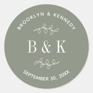 Sticker Rond Sage Green Floral Botanogram Nom du couple