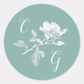 Sticker Rond Sage Green Floral Line Art Monogram Wedding (Devant)