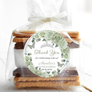 Sticker Rond Sage Green Floral Roses Argent Tiara Papillons