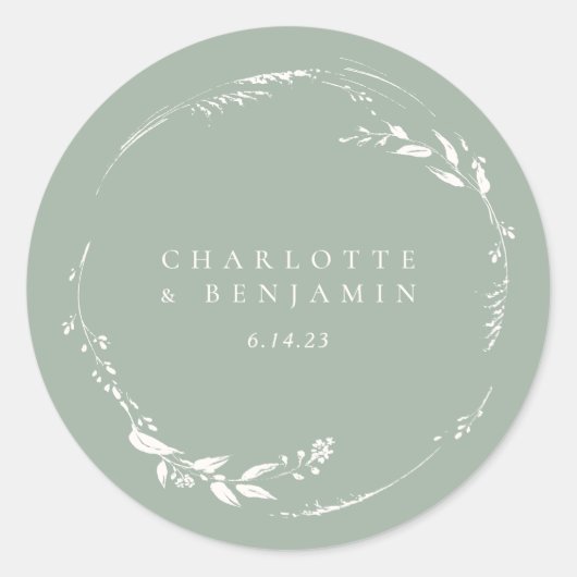 Sticker Rond Sage Green Floral Wreath Monogramme personnalisé (Devant)