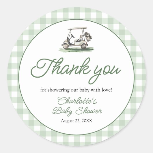 Sticker Rond Sage Green Frame Golf New to the Club Baby Shower (Devant)