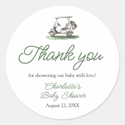 Sticker Rond Sage Green Frame Golf New to the Club Baby Shower (Devant)