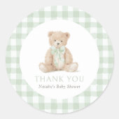 Sticker Rond Sage Green Gingham Teddy Bear Baby Shower (Devant)