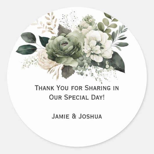 Sticker Rond Sage Green Ivory Muted Floral Wedding | (Devant)