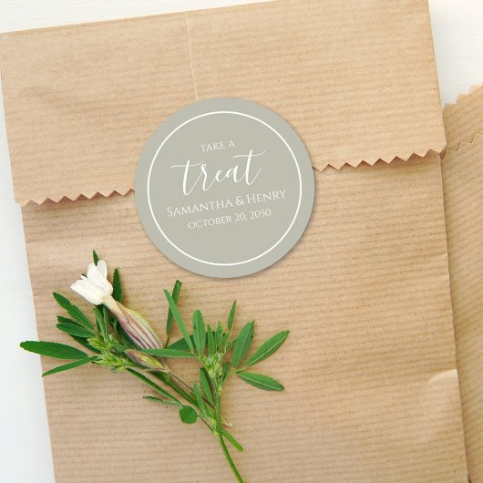 Sticker Rond Sage Green Mariage Simple Calligraphie Script Trea