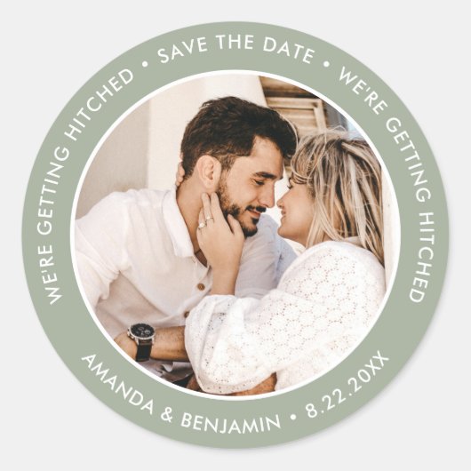 Sticker Rond Sage Green Modern Mariage Photo Enregistrer La Dat (Devant)