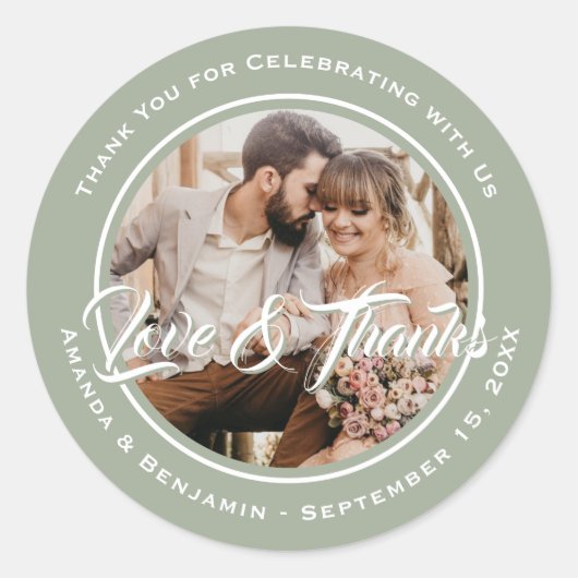 Sticker Rond Sage Green Moderne Merci Mariage Photo Favoriser (Devant)
