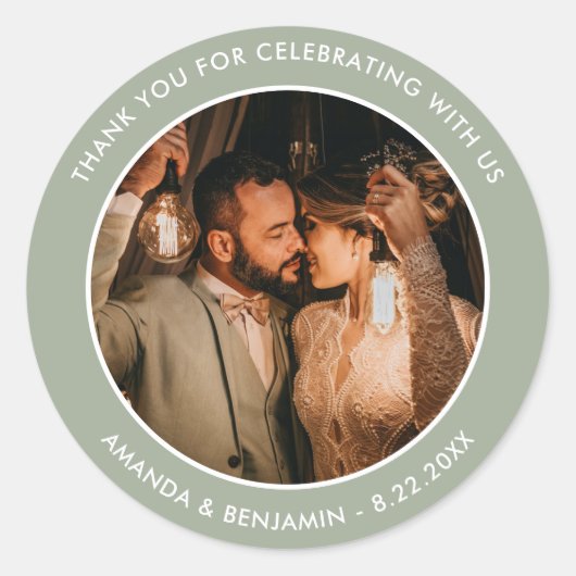 Sticker Rond Sage Green Moderne Merci Photo Mariage Faveur (Devant)
