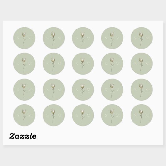 Sticker Rond Sage Green Monogram Wedding (Feuille)