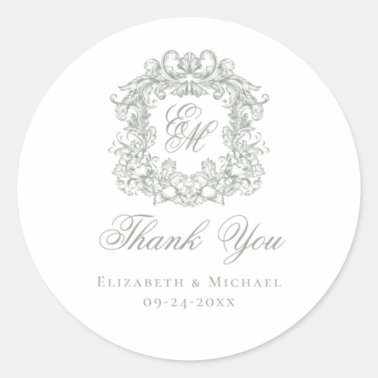 Sticker Rond Sage Green Monogram Wedding Crest Thank You (Devant)
