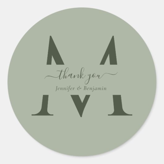 Sticker Rond Sage Green Monogramme Mariage Favoriser Merci (Devant)