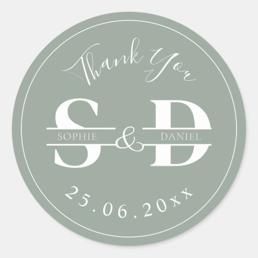 Sticker Rond Sage Green Monogramme Merci Faveurs de mariage (Devant)
