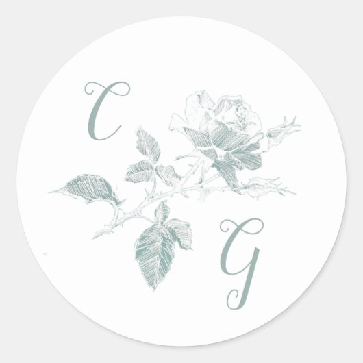 Sticker Rond Sage Green Rose Line Art Monogram Wedding (Devant)