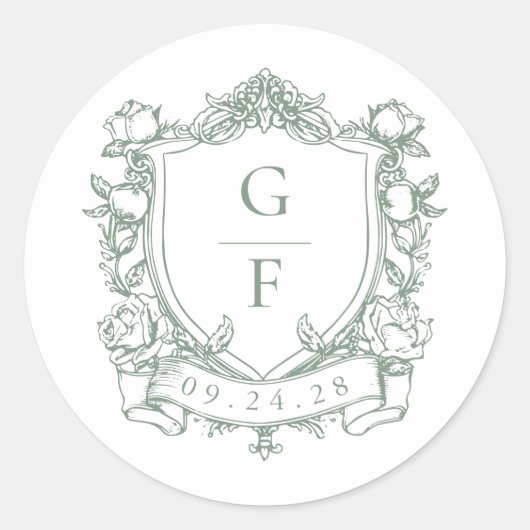 Sticker Rond Sage Green Roses français Monogram Crest Mariage (Devant)