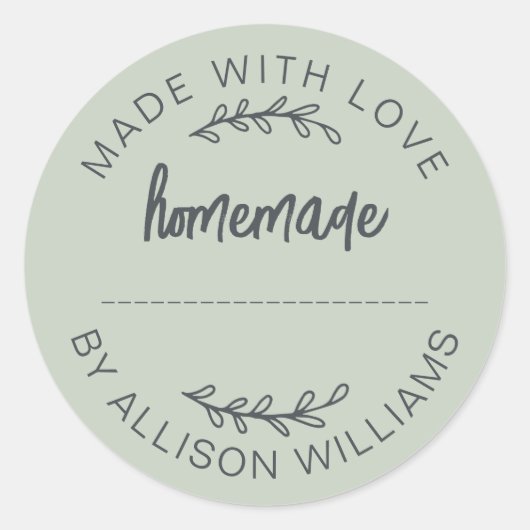 Sticker Rond Sage Green Script Made With Love Homemade Food Jar (Devant)