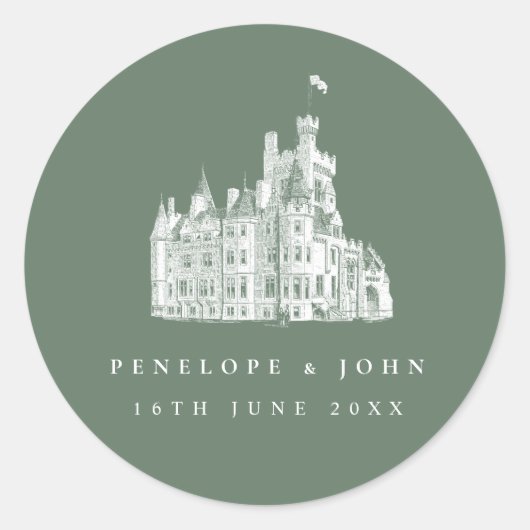 Sticker Rond Sage Green Vintage Castle Destination Wedding (Devant)