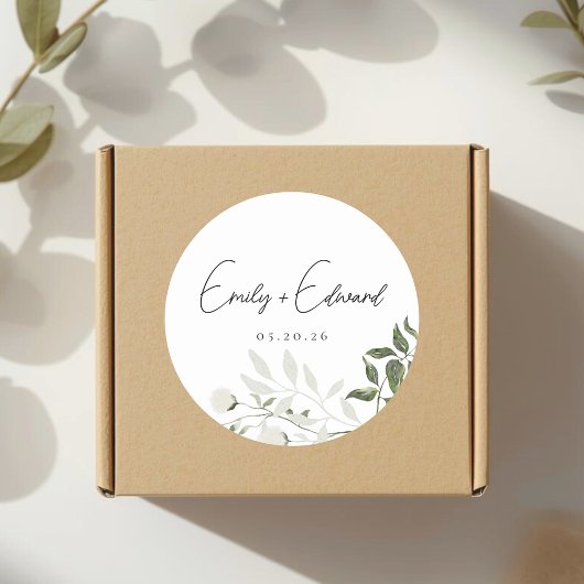 Sticker Rond Sage Greenery and White Floral Wedding Envelope
