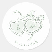 Sticker Rond Sage Hand Drawn Hearts Monogram Whimsical Wedding (Devant)