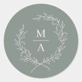 Sticker Rond Sage Profond Simple Élégant Laurel Wreath Monogram (Devant)