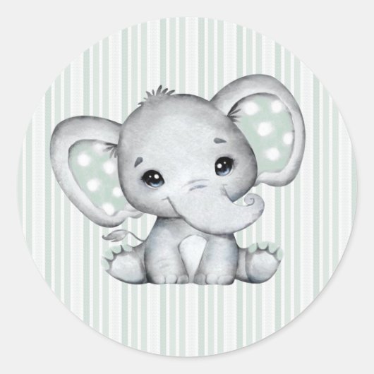 Sticker Rond Sage Vert Aquarelle Eléphant Baby shower neutre (Devant)