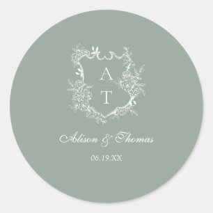 Sticker Rond Sage Vert Monogramme Crest Mariage Enveloppe Sceau