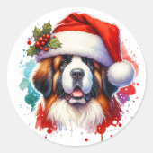 Sticker Rond Saint Bernard à Noël à Santa Hat (Devant)