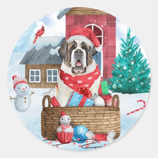 Sticker Rond Saint Bernard Chien dans la neige Maison de Chien  (Devant)