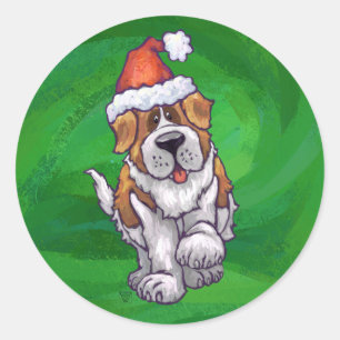 Sticker Rond Saint Bernard mignonne à Santa Chapeau sur Vert