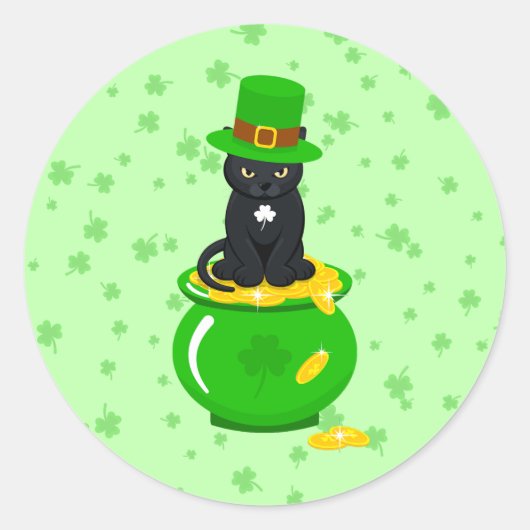 Sticker Rond Saint Patrick's Day Shamrock Pot of Gold Black Cat (Devant)
