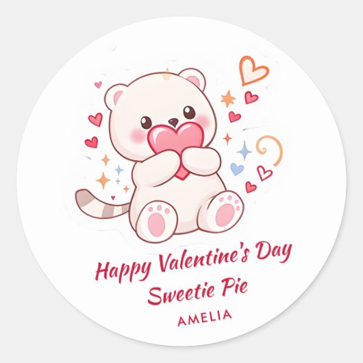 Sticker Rond Saint Valentin avec l'ours et les coeurs de Kawaii (Devant)