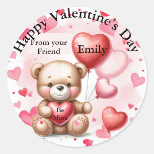 Sticker Rond Saint Valentin Coeurs d'ours Ajouter votre nom et 