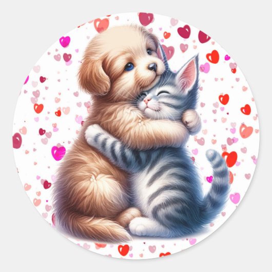 Sticker Rond Saint Valentin mignonne chiot et Kitty Hug (Devant)