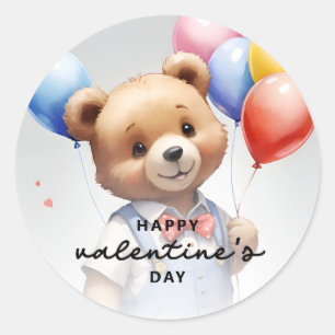 Sticker Rond Saint-Valentin Mignonne Ours Aquarelle Avec Balloo
