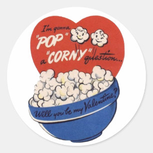 Sticker Rond Saint-Valentin Rétro, Popcorn Pose une Question Ri