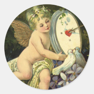 Sticker Rond Saint-Valentin victorien, oiseaux de l'amour d'ang