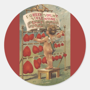 Sticker Rond Saint-Valentin victorien vintage, Cupidon et cœurs
