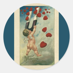 Sticker Rond Saint-Valentin vintage, Chérubin avec des cœurs ai