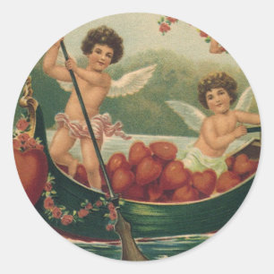 Sticker Rond Saint-Valentin vintage, chérubins victoriens dans