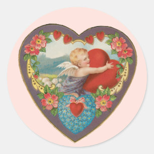 Sticker Rond Saint Valentin vintage, Coeurs Cherub victoriens