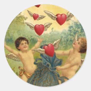 Sticker Rond Saint-Valentin vintage, cœurs de chérubins victori