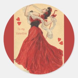 Sticker Rond Saint-Valentin vintage, Dame de la danse Cœurs rou